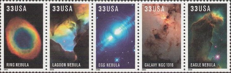 Strip of five 33-cent U.S. postage stamps picturing nebulae