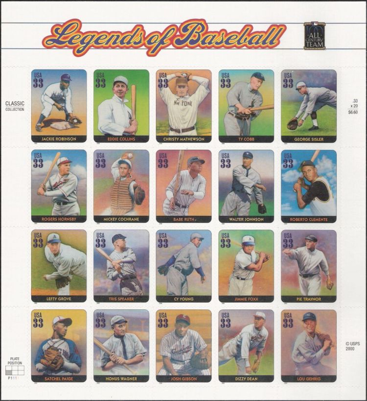 Sheet of 20 33-cent U.S. postage stamps picturing baseball players