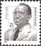 Black & red 63-cent U.S. postage stamp picturing Jonas Salk