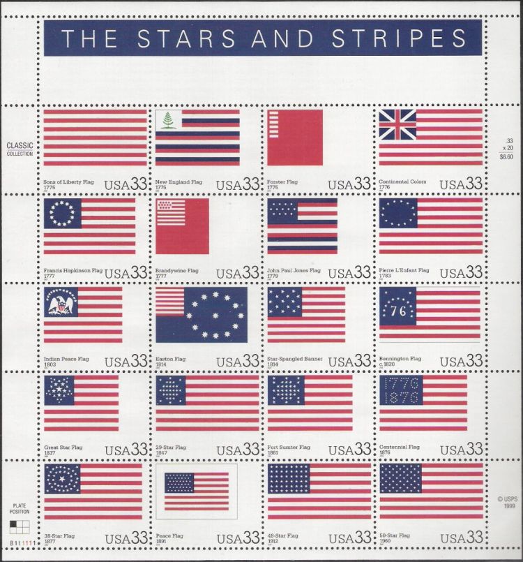 Sheet of 20 33-cent U.S. postage stamps picturing flags