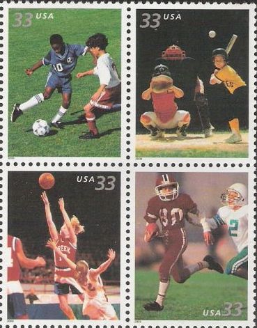 Block of four 33-cent U.S. postage stamps picturing children participating in sports