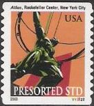 Non-denominated 10-cent U.S. postage stamp picturing statue of Atlas at Rockefeller Center in New York City