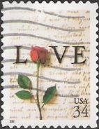 34-cent U.S. postage stamp picturing love letter and rose