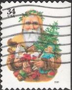 34-cent U.S. postage stamp picturing Santa Claus holding toys and tree