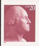 Maroon 20-cent U.S. postage stamp picturing George Washington