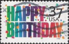 37-cent U.S. postage stamp picturing words 'Happy Birthday'