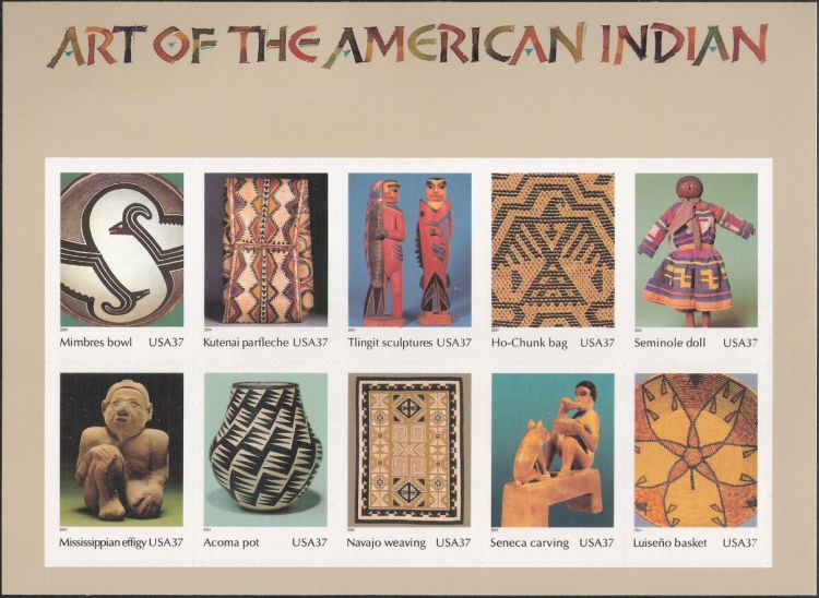 Sheet of 10 37-cent U.S. postage stamps picturing Native American art