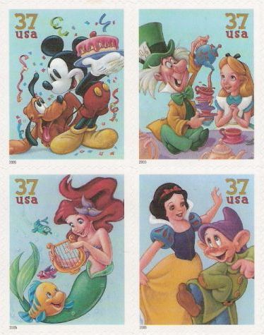 Block of four 37-cent U.S. postage stamps picturing Disney characters