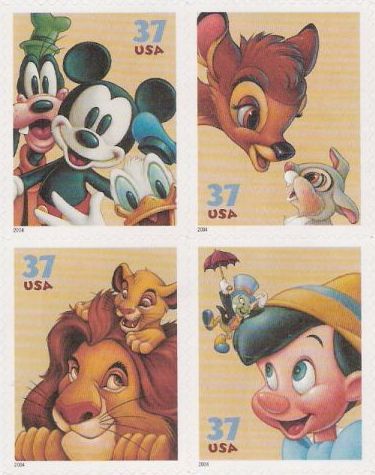 Block of four 37-cent U.S. postage stamps picturing Disney characters