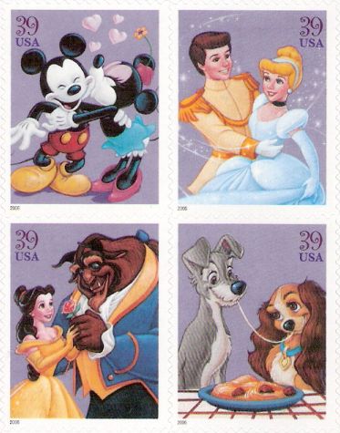 Block of four 39-cent U.S. postage stamps picturing Disney characters