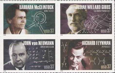 Block of four 37-cent U.S. postage stamps picturing Barbara McClintock, Josiah Willard Gibbs, John von Neumann, and Richard Feynman