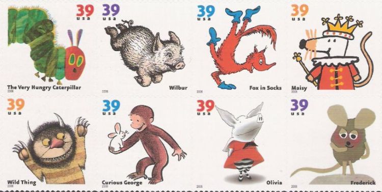 Block of eight 39-cent U.S. postage stamps picturing characters from children's books
