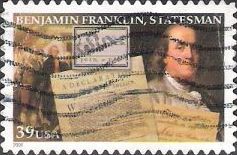 39-cent U.S. postage stamp picturing Benjamin Franklin and papers