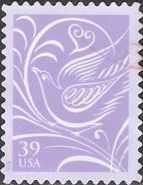 Purple 39-cent U.S. postage stamp picturing stylized bird
