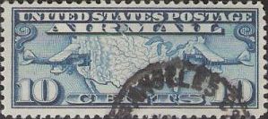 Blue 10-cent U.S. postage stamp picturing map of United States and two airplanes
