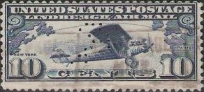 Blue 10-cent U.S. postage stamp picturing Charles Lindbergh's airplane, Spirit of St. Louis