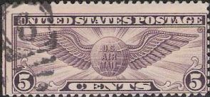 Purple 5-cent U.S. postage stamp picturing winged globe