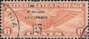 Orange 6-cent U.S. postage stamp picturing winged globe
