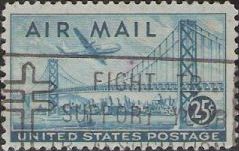 Blue 25-cent U.S. postage stamp picturing airplane over San Francisco-Oakland Bay Bridge