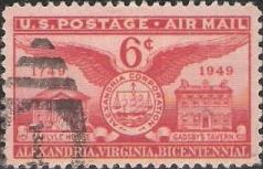 Red 6-cent U.S. postage stamp picturing Carlyle House and Gadsby's Tarvern in Alexandria, Virginia