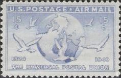 Ultramarine 15-cent U.S. postage stamp picturing doves flying around Earth