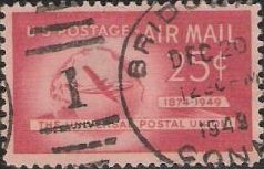 Red 25-cent U.S. postage stamp picturing airplane and Earth