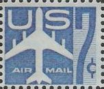 Blue 7-cent U.S. postage stamp picturing airplane