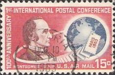 Red & blue 15-cent U.S. postage stamp picturing Montgomery Blair and Earth