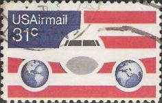 31-cent U.S. postage stamp picturing front of airplane and globes