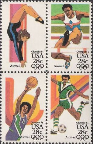 Block of four 28-cent U.S. postage stamps picturing Olympians