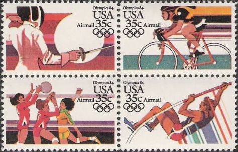 Block of four 35-cent U.S. postage stamps picturing Olympians