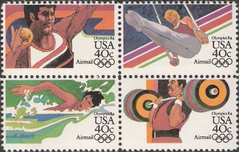 Block of four 40-cent U.S. postage stamps picturing Olympians