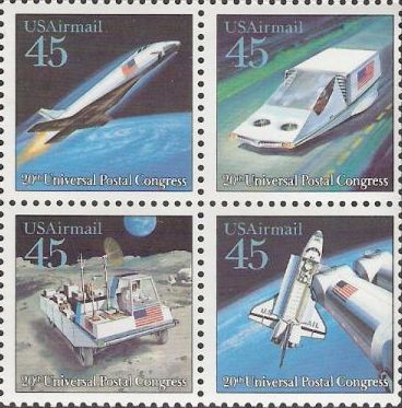 Block of four 45-cent U.S. postage stamps picturing space vehicles