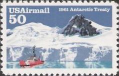 50-cent U.S. postage stamp picturing ship and snow-covered mountain