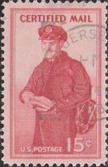 Red 15-cent U.S. postage stamp picturing mail carrier