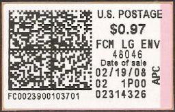 97-cent U.S. computer vended postage stamp bearing barcode