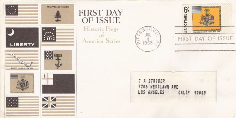 First day cover bearing 5-cent Philadelphia Light Horse flag stamp