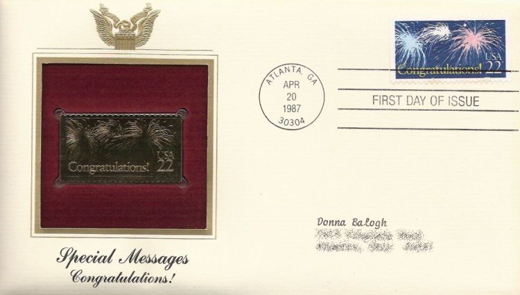 First day cover bearing 22-cent congratulations! stamp