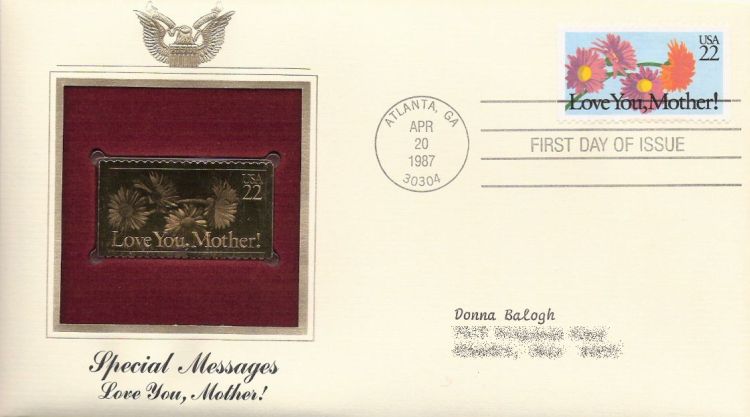 First day cover bearing 22-cent love you, Mother! stamp