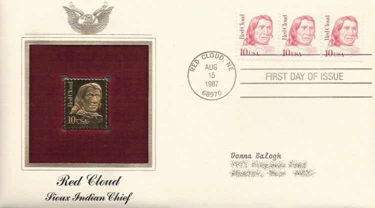 First day cover bearing strip of three 10-cent Red Cloud stamps