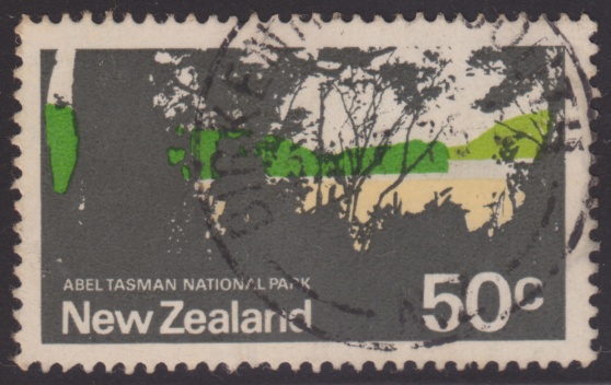50-cent New Zealand postage stamp picturing Abel Tasman National Park on the South Island