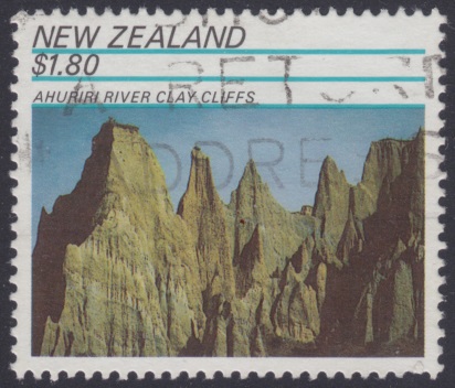 $1.80 New Zealand postage stamp picturing the Ahuriri River Clay Cliffs on the South Island