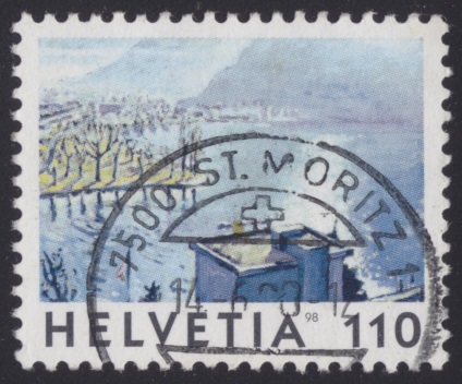 1.10-franc Swiss postage stamp picturing Alpnachersee in Nidwalden and Obwalden, Switzerland