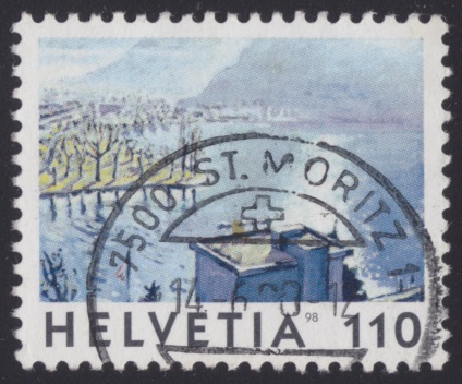 Alpnachersee 1.10-franc Swiss postage stamp picturing Alpnachersee in Nidwalden and Obwalden, Switzerland