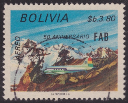3.80-peso boliviano Bolivian postage stamp picturing the Andes in Bolivia