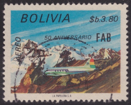 3.80-peso boliviano Bolivian postage stamp picturing the Andes in Bolivia