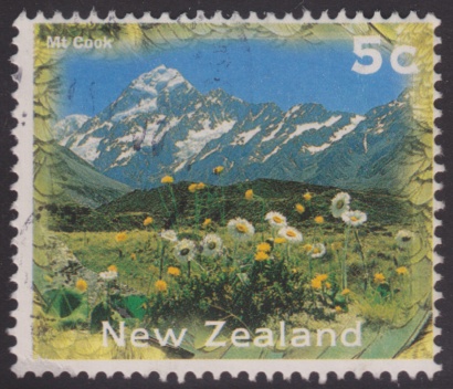 5-cent New Zealand postage stamp picturing Aoraki/Mount Cook on the South Island