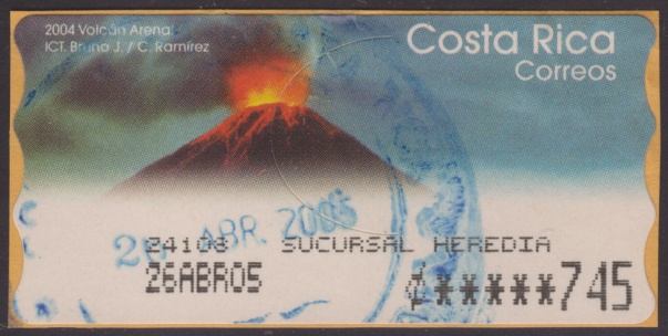 745-colon Costa Rican postage label picturing Arenal Volcano in Alajuela Province