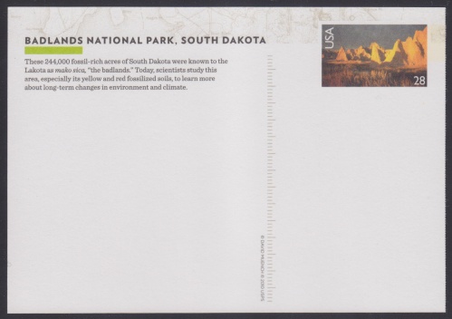 28-cent U.S. postal card with imprinted stamp design picturing Badlands National Park in South Dakota, USA
