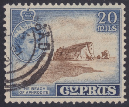 20-mill Cypriot postage stamp picturing the Beach of Aphrodite on Cyprus